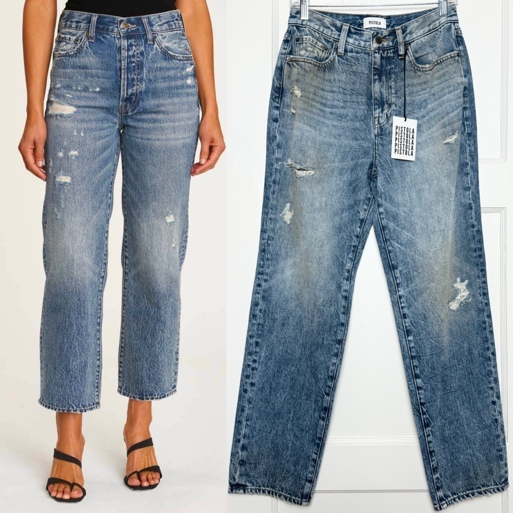NWT PISTOLA 90s High Rise Vintage Wash Distressed Denim Straight Leg Jeans 26‎